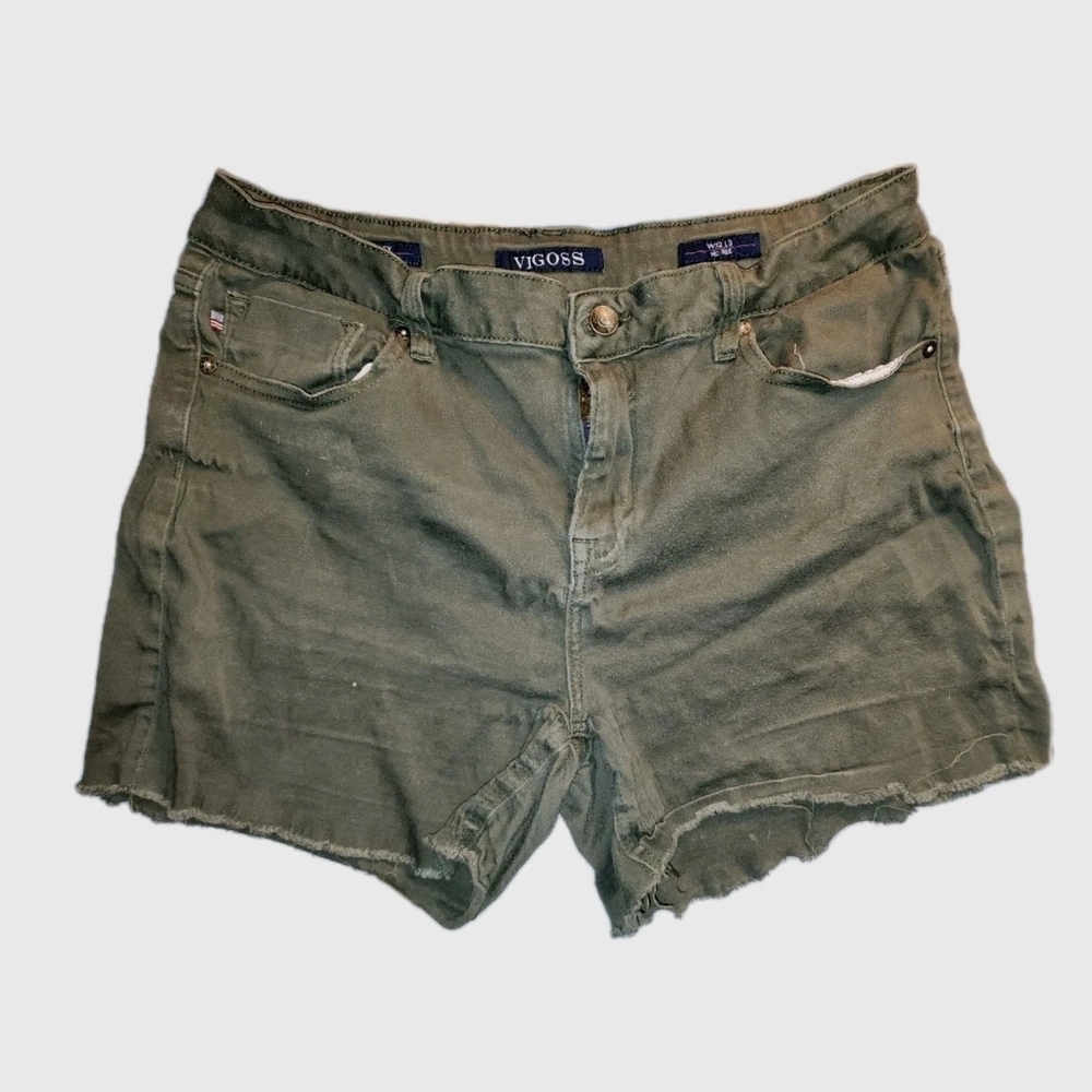 VIGOSSJ Juniors Sz13 Hunter Green Midrise Cut Off Stretch Shorts W32 L3